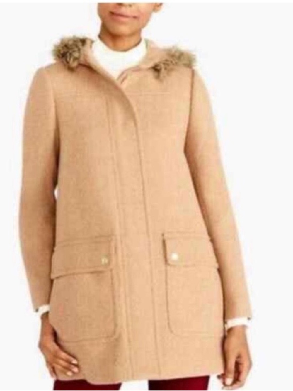 J. Crew Vail Parka Camel Hooded Wool-Blend Pea Coat with Faux-Fur Trim